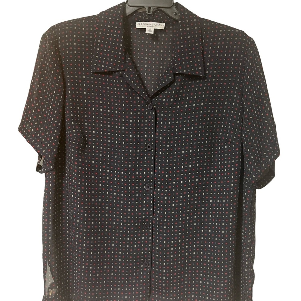 Josephine Chaus Blue Red Geometric Button Down Short Sleeve‎ Blouse Women's 18